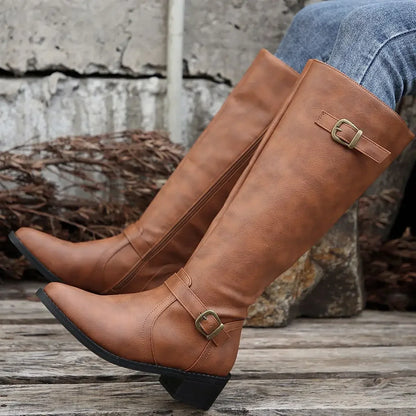 Women’s Winter High-Top Knight Boots – Side Zipper & Belt Buckle, Pointed Toe, PU Material with Cotton Lining