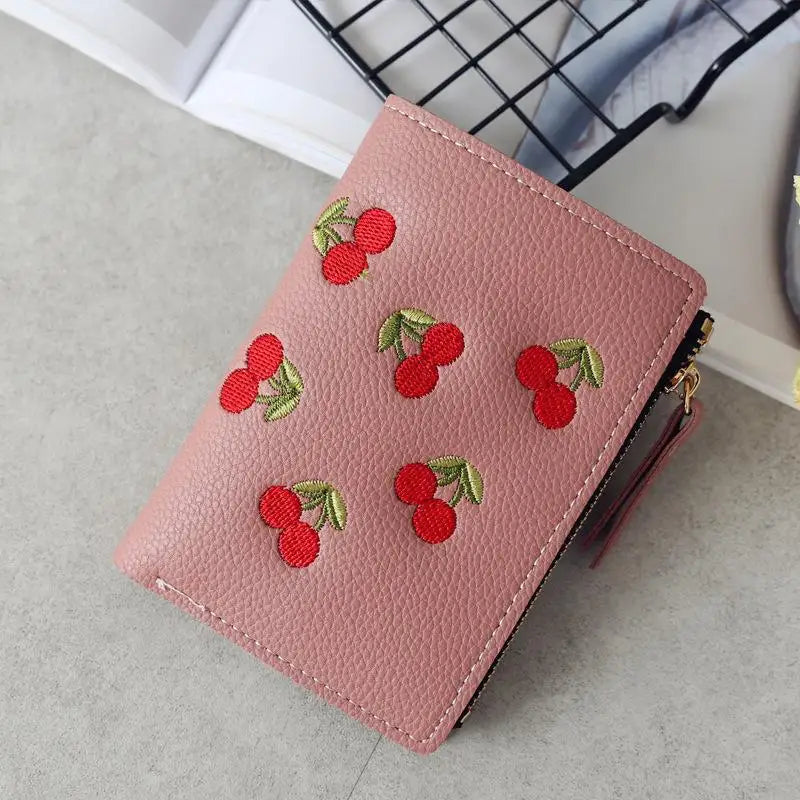 Women’s Cherry Embroidered Short Wallet – Simple Vertical Buckle Zipper Purse for Girls