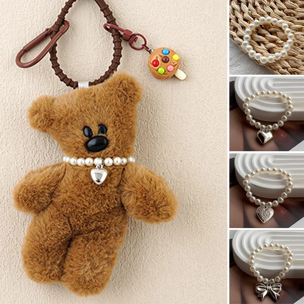 17cm Labubu Macaron Sitting Party Ornament — DIY Cute Plush Pendant with Pearl Necklace & Alloy Chain Accessory