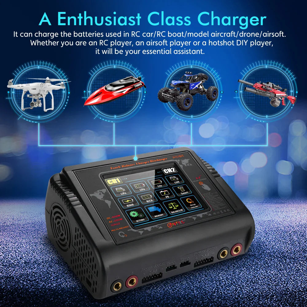 HTRC Smart Battery Charger DC 400W / AC 200W — 12A×2 Balance Charger & Discharger for LiHV, LiFe, Li-Ion, NiCd, NiMH, Pb, LiPo RC Batteries