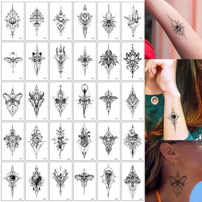 30pcs Black Temporary Tattoo Stickers - Flower Butterfly Rose Moon Star Mandala Designs for Hand, Chest & Body Art