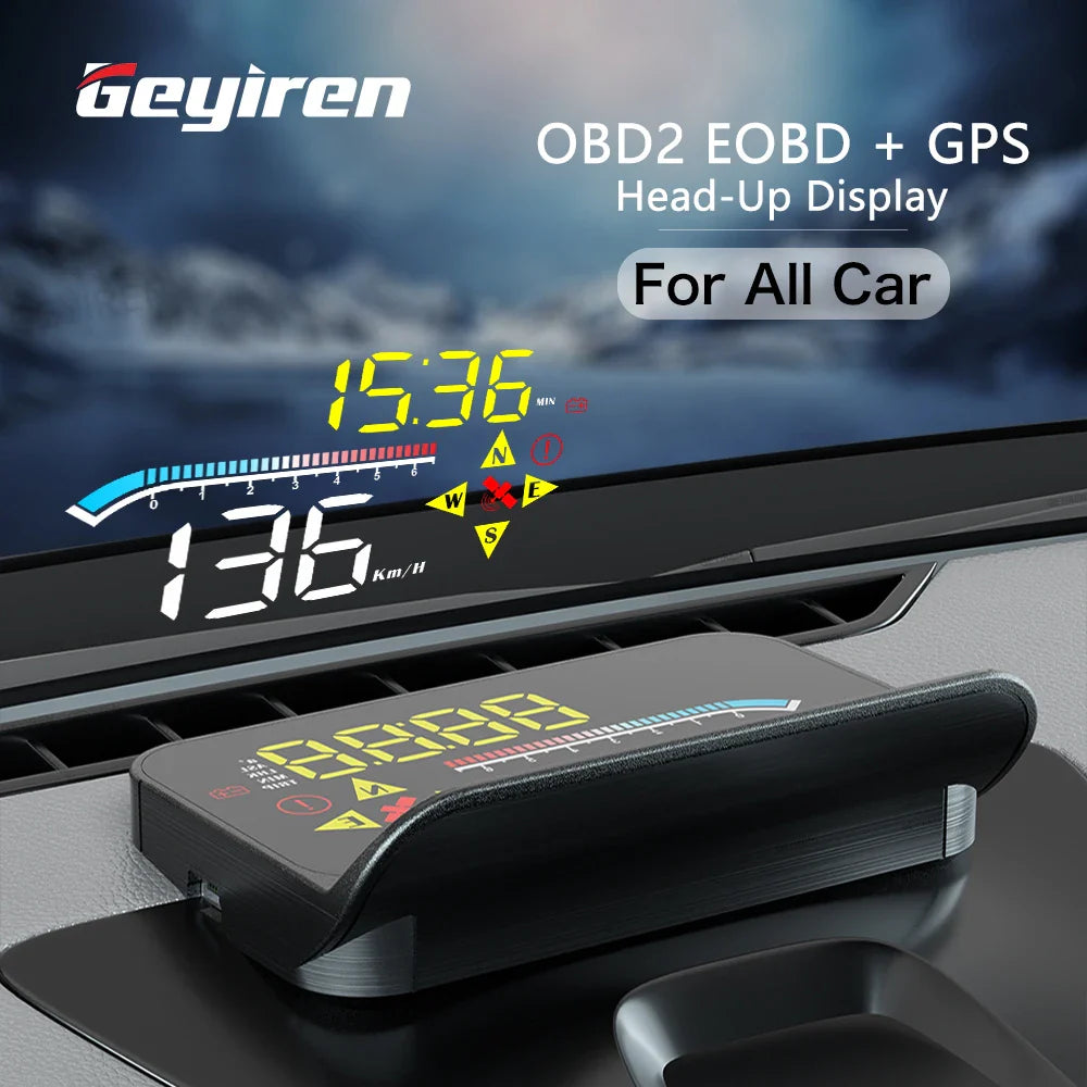 GEYIREN HUD Head-Up Display - OBD2 GPS Dual System Projector for Car Glass with Water Temp Alarm - Electronic Accessories