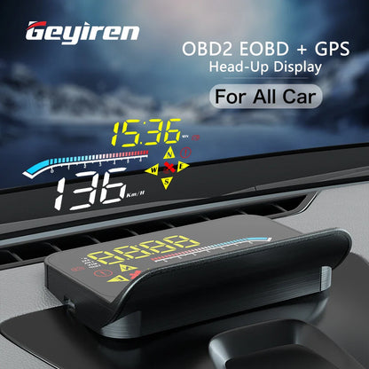 GEYIREN HUD Head-Up Display - OBD2 GPS Dual System Projector for Car Glass with Water Temp Alarm - Electronic Accessories