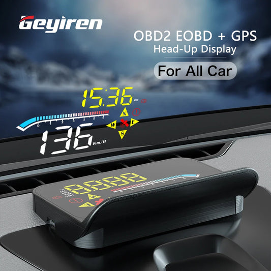 GEYIREN HUD Head-Up Display - OBD2 GPS Dual System Projector for Car Glass with Water Temp Alarm - Electronic Accessories