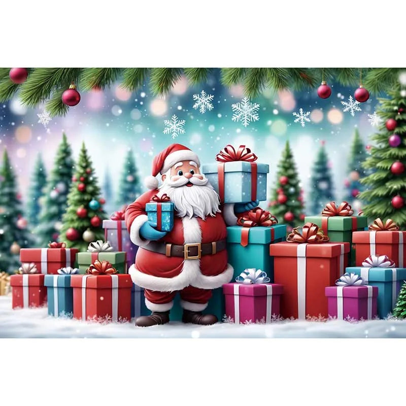 MOON.QG Christmas Santa Claus Village Backdrop – Holiday Photo Studio Background with Trees & Gifts for Home Decoration