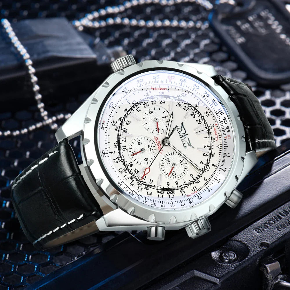 JARAGAR Pilot Mechanical Watch for Men – Multifunctional Small Dials, Leather & Steel Strap, Sports Military Automatic Watch