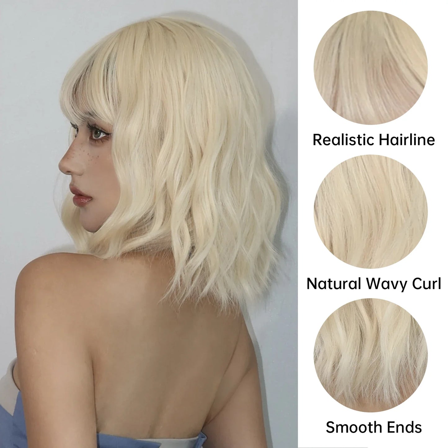 Blonde Short Curly Bob Synthetic Wig with Bangs – Platinum Golden Lolita Cosplay Wig for Women, Heat-Resistant for Daily & Party Use