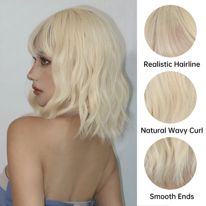 Blonde Short Curly Bob Synthetic Wig with Bangs – Platinum Golden Lolita Cosplay Wig for Women, Heat-Resistant for Daily & Party Use