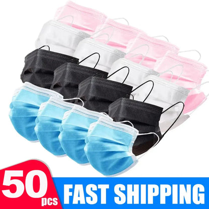 3 Layer Disposable Face Masks – Anti-Dust Protective Masks with Melt Blown Cloth, Earloops, Black Mascarillas