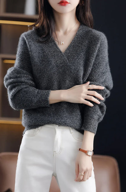 Women’s Knitted V-Neck Sweater – Long Sleeve Solid Pullover Knit Top