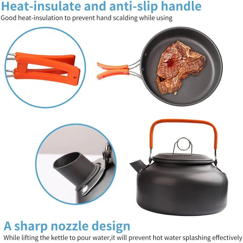 Camping Cookware Set — Non-Stick Cooking Pots, Teapot & Travel Tableware for 2-3 People, Outdoor Picnic Set
