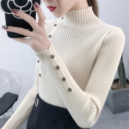 2023 Women's Autumn Knitted Slim Sweater - Solid Cotton Turtleneck with Full Sleeves and Button Detail - Soft Elastic Pullover