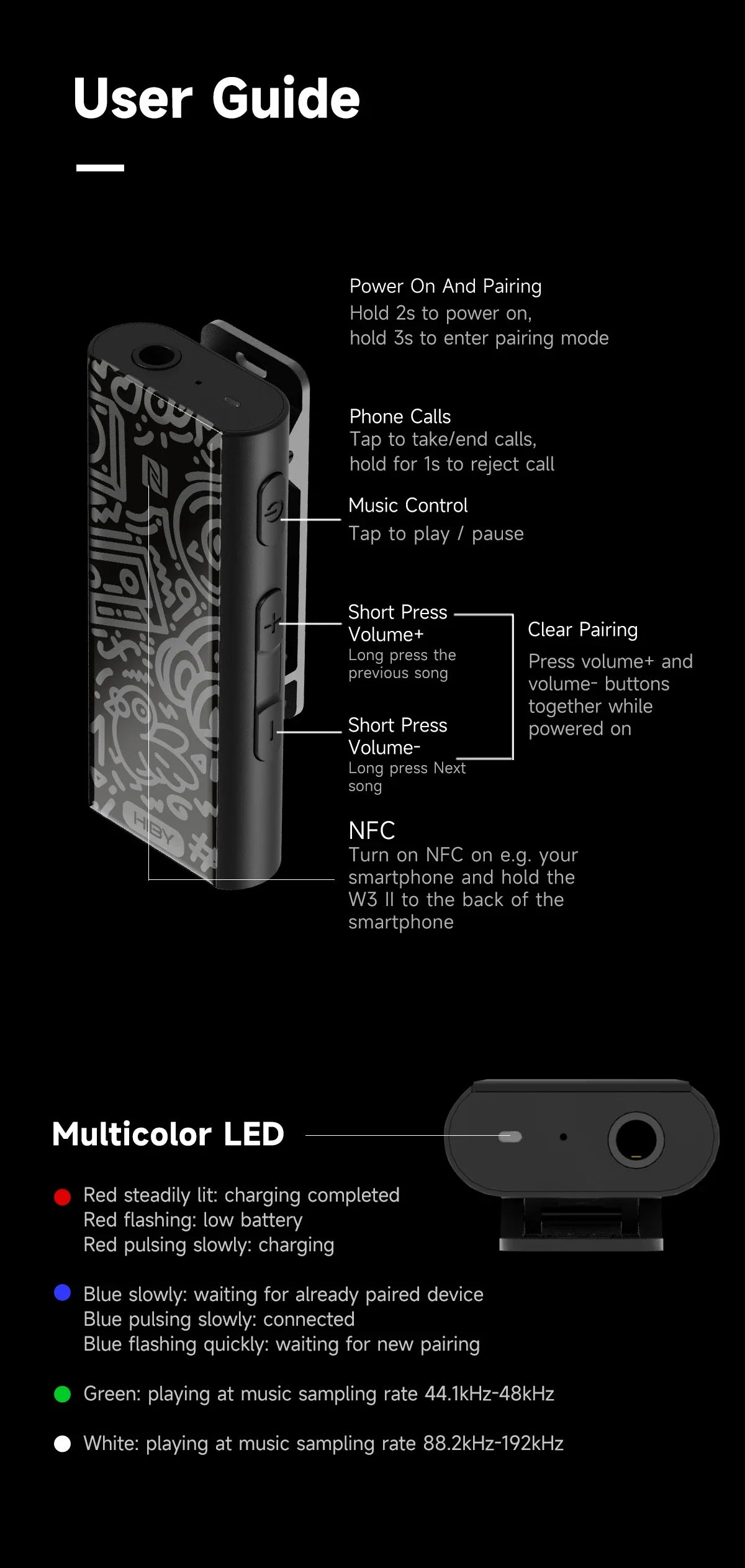HiBy W3 II/W3 GEN 2 Type C USB DAC Dongle - Wireless Bluetooth Decoder, Headphone Amplifier, AMP, CarPlay, NFC, CVC Mic for Android & iOS