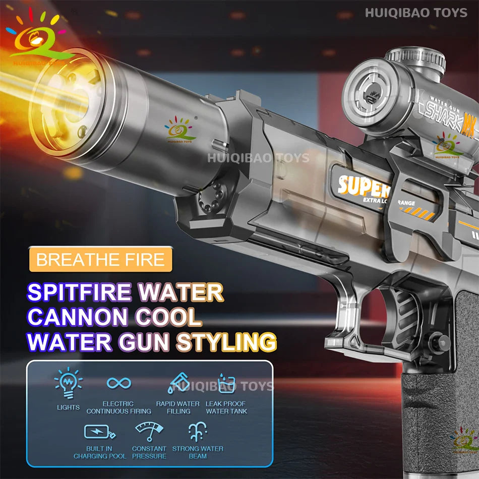 HUIQIBAO Electric Pulse Water Gun with LED Flame Effect – Automatic Sensor Water Pistol Outdoor Beach & Summer Battle Toy for Kids & Adults