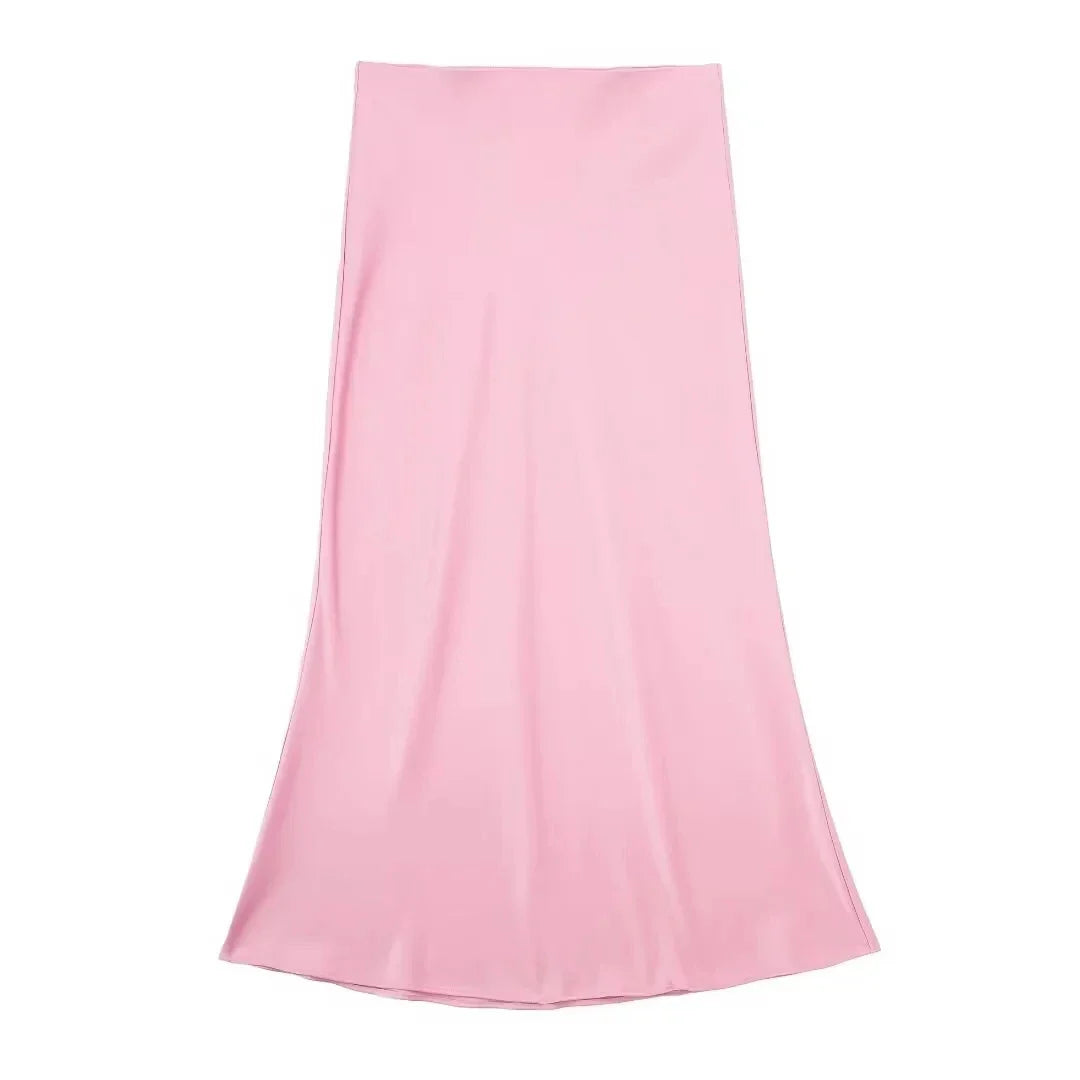 TRAFZA 2024 Y2K Women’s Long Skirt – Elastic High-Waist A-Line Satin Skirt for Spring Casual & High Street Fashion