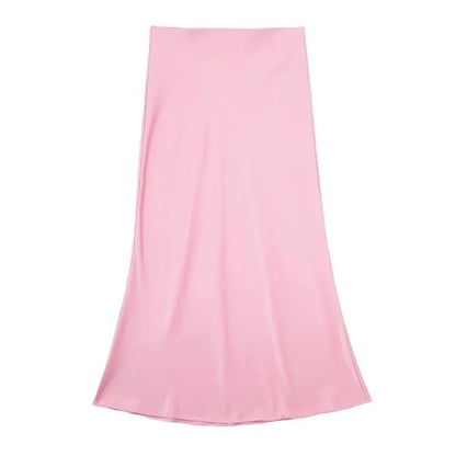 TRAFZA 2024 Y2K Women’s Long Skirt – Elastic High-Waist A-Line Satin Skirt for Spring Casual & High Street Fashion