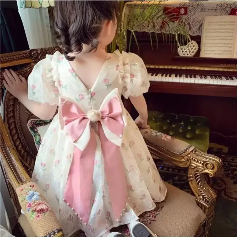 Girls Floral Rose Princess Dress - Lace Tiered Bow Back Pearl Accent Party Dress