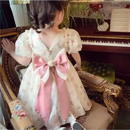 Girls Floral Rose Princess Dress - Lace Tiered Bow Back Pearl Accent Party Dress