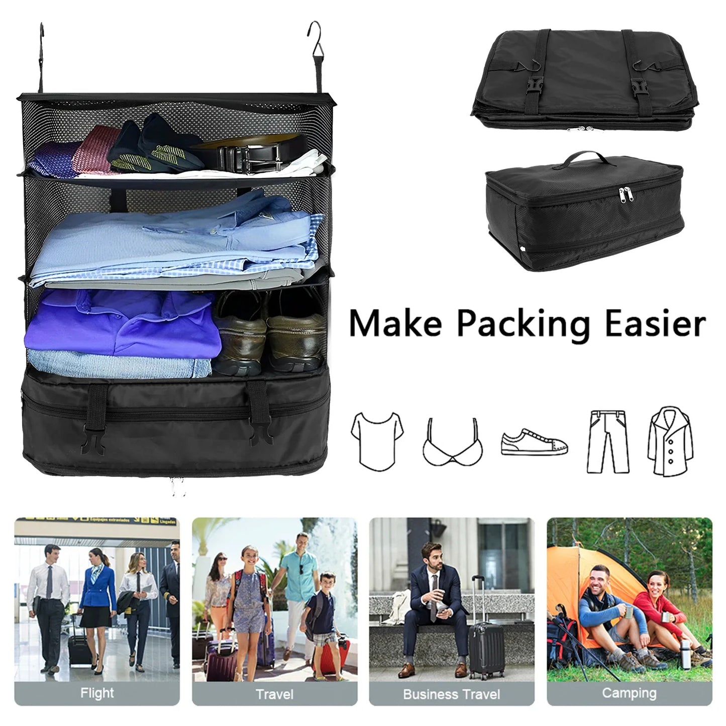 Portable Travel Luggage Organizer – 3-Shelf Collapsible Hanging Closet & Packing Cube Storage Bag
