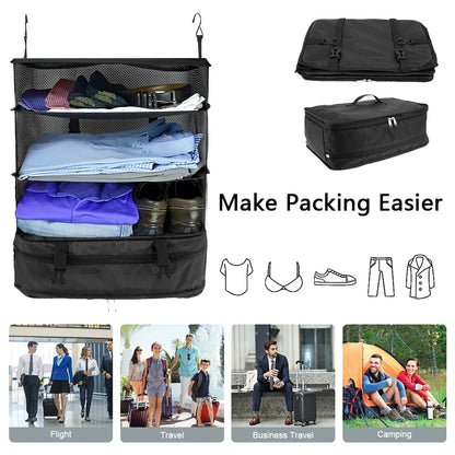 Portable Travel Luggage Organizer – 3-Shelf Collapsible Hanging Closet & Packing Cube Storage Bag
