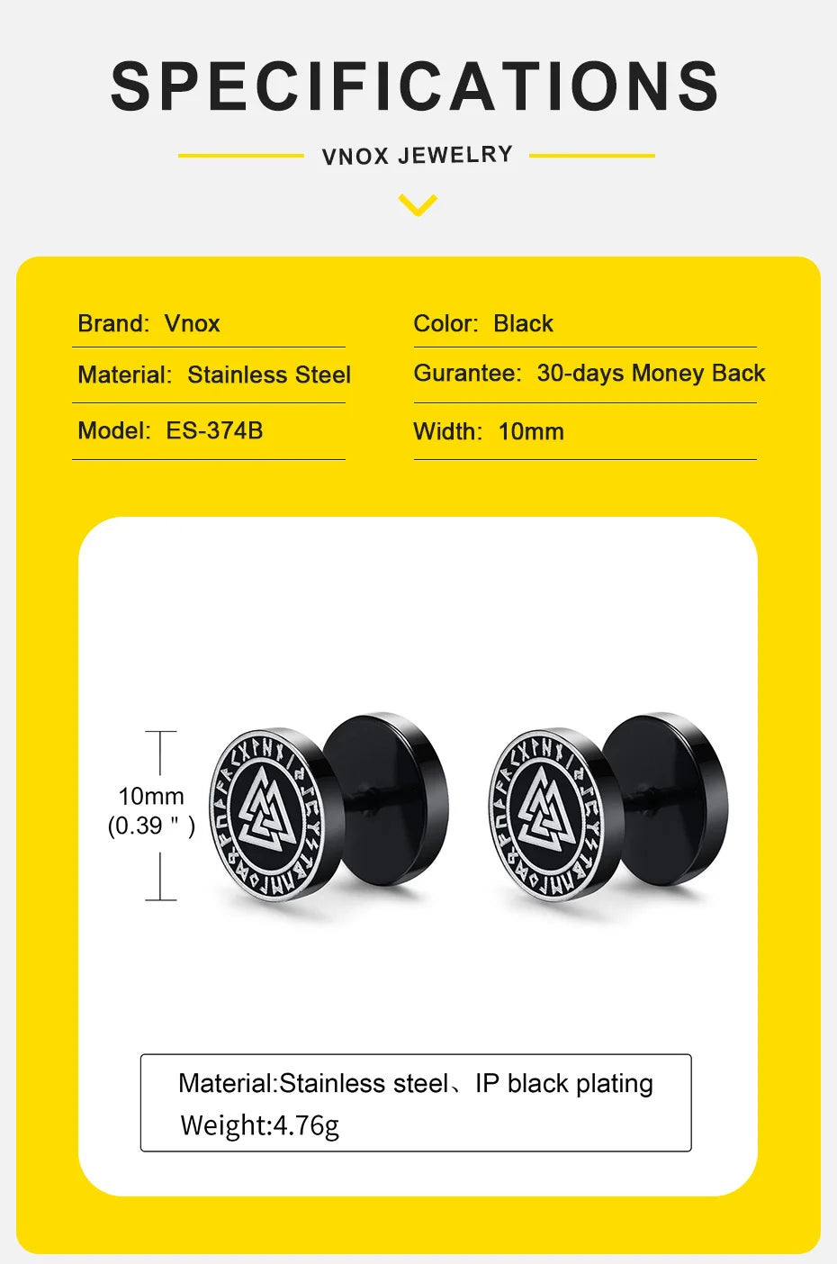 Vnox Men's Viking Black Stud Earrings - Vegvisir & Norse Valknut, Cool Punk Stainless Steel Set