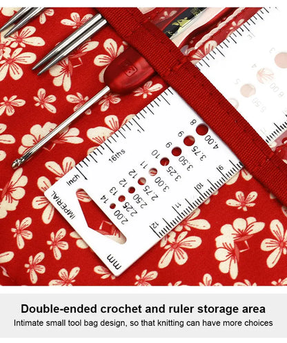 Cotton Knitting Needles Organizer Bag – Red Detachable Storage for Crochet Hooks & Sewing Accessories