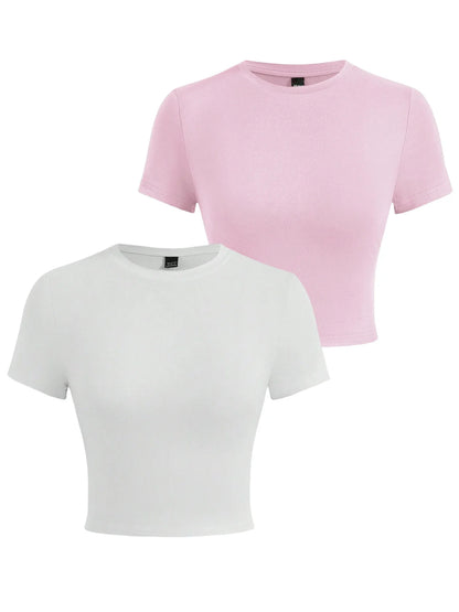 Y2K Women’s Solid Cotton Crop Top – Short Sleeve, High-Elastic O-Neck T-Shirt for Summer Streetwear & Sporty Fashion