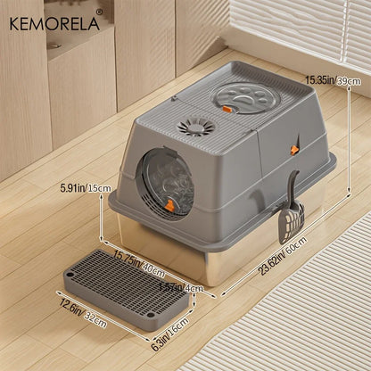 KEMORELA XL Stainless Steel Cat Litter Box – Extra Large Enclosed Litter Box with High Sides & Removable Scoop for Big Cats
