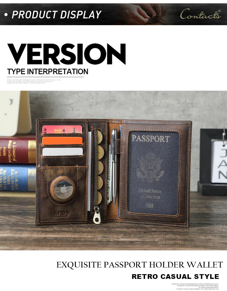 Genuine Cow Leather Passport Holder with AirTag Case – RFID Blocking Travel Wallet with Pen, Card Holder & Anti-Lost Pocket