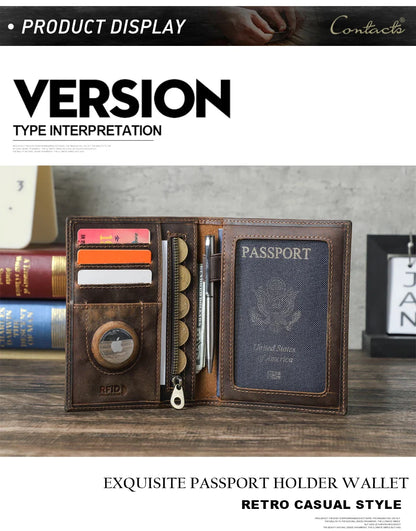 Genuine Cow Leather Passport Holder with AirTag Case – RFID Blocking Travel Wallet with Pen, Card Holder & Anti-Lost Pocket