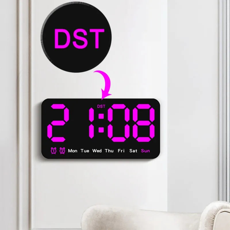 Voice Control Large Digital Wall Clock – LED Display with Temperature, Date, Week, DST, Snooze, Dual Alarm, 12/24H, Wall-Mounted or Table Use