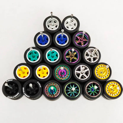 1:64 Alloy Car Wheels & Rubber Tires Set - Replacement Axles for Hot Wheels, Matchbox & Model Cars