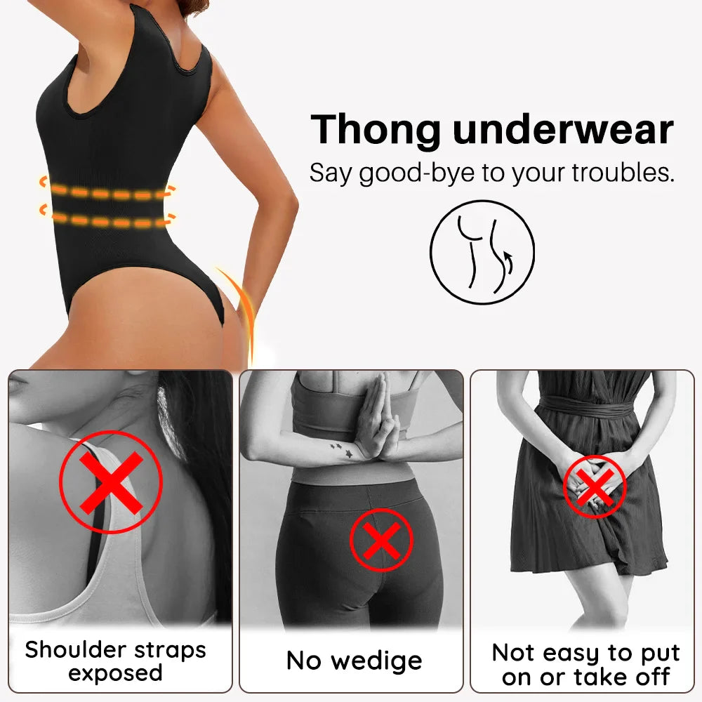Women’s Seamless Shapewear Bodysuit – Thong Body Shaper with Wide Shoulder Straps for Sculpting & Slimming