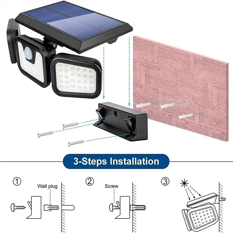 Outdoor Solar LED Motion Sensor Wall Light, Adjustable 3-Head Human Body Sensing Lamp, IP65 Waterproof Garden Security Light