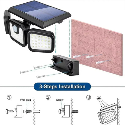 Outdoor Solar LED Motion Sensor Wall Light, Adjustable 3-Head Human Body Sensing Lamp, IP65 Waterproof Garden Security Light