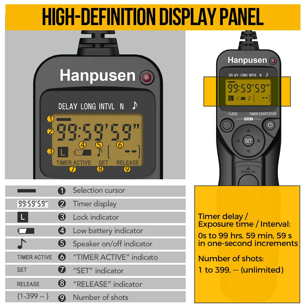 Camera Time Lapse Intervalometer — LCD Timer Remote Shutter Release for Canon, Nikon, Sony, Fujifilm, Olympus, Pentax