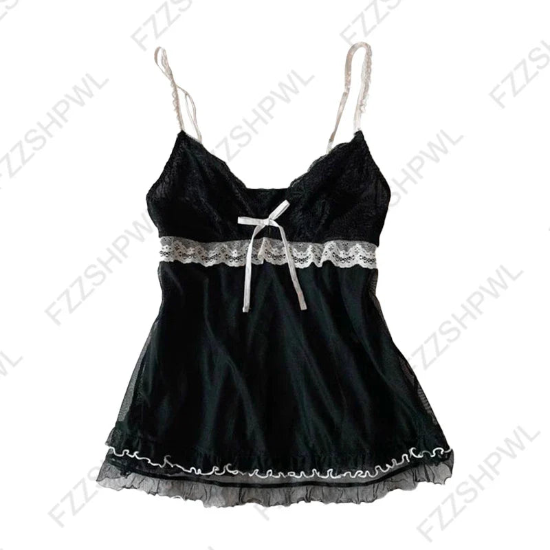 Women’s Grunge Punk Gothic Camisole Top – Y2K V-Neck Bow Lace Slim Fit Crop Cami Streetwear