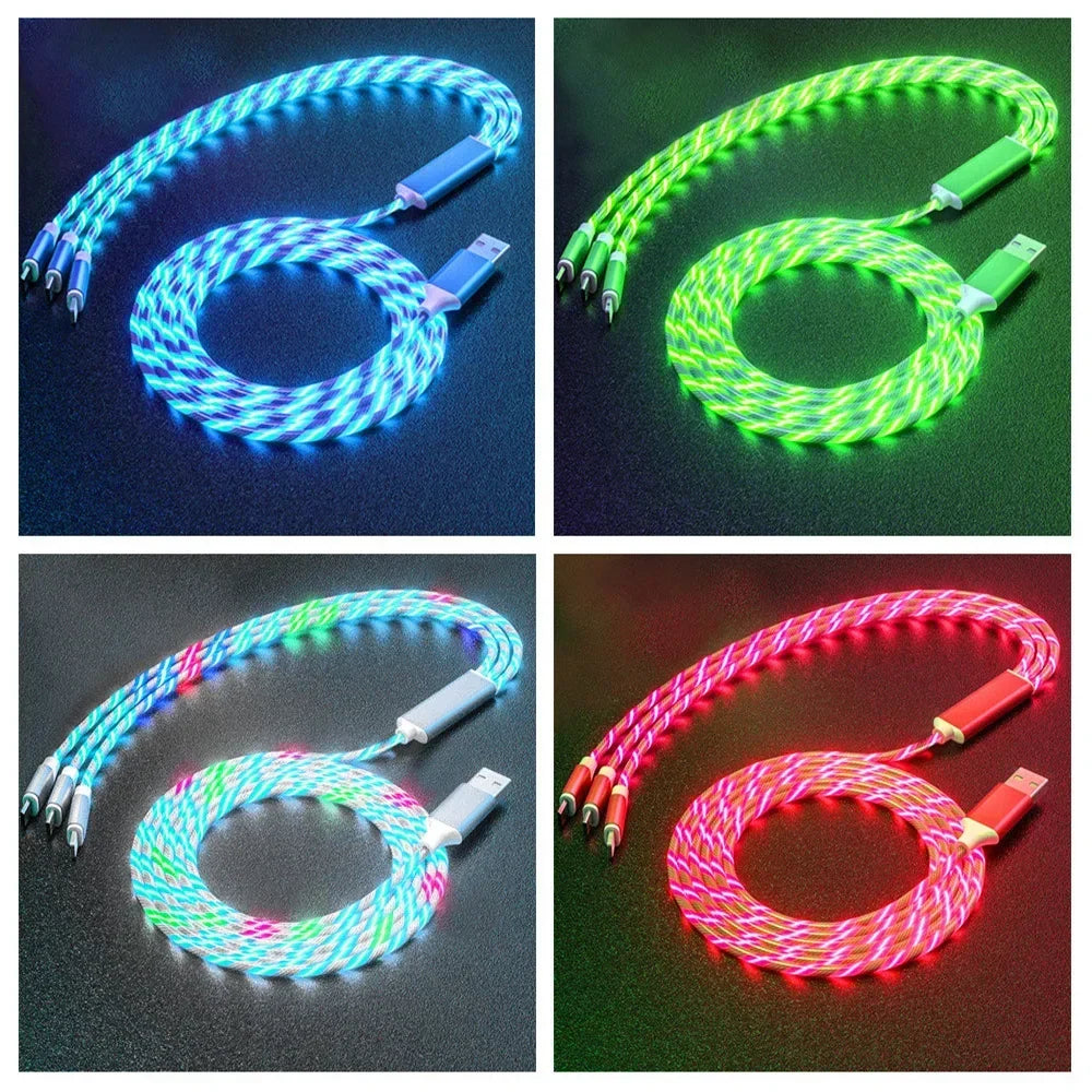 NNBILI 3-in-1 Glowing LED Fast Charging Cable – Luminous USB Type-C Charger for iPhone, Xiaomi & Phones