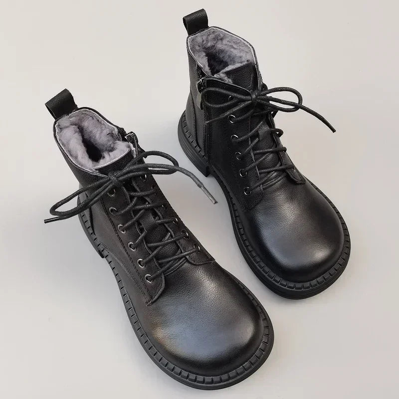 Careaymade 100% Genuine Leather Wide Casual Women’s Short Boots – Big Size, Handmade Men’s Wool Boots