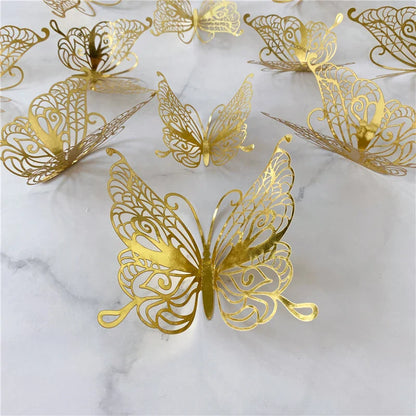 12PCS 3D Hollow Butterfly Wall Stickers – Gold, Silver & Rose Decorative Decals for Wedding, Living Room & Home Decor