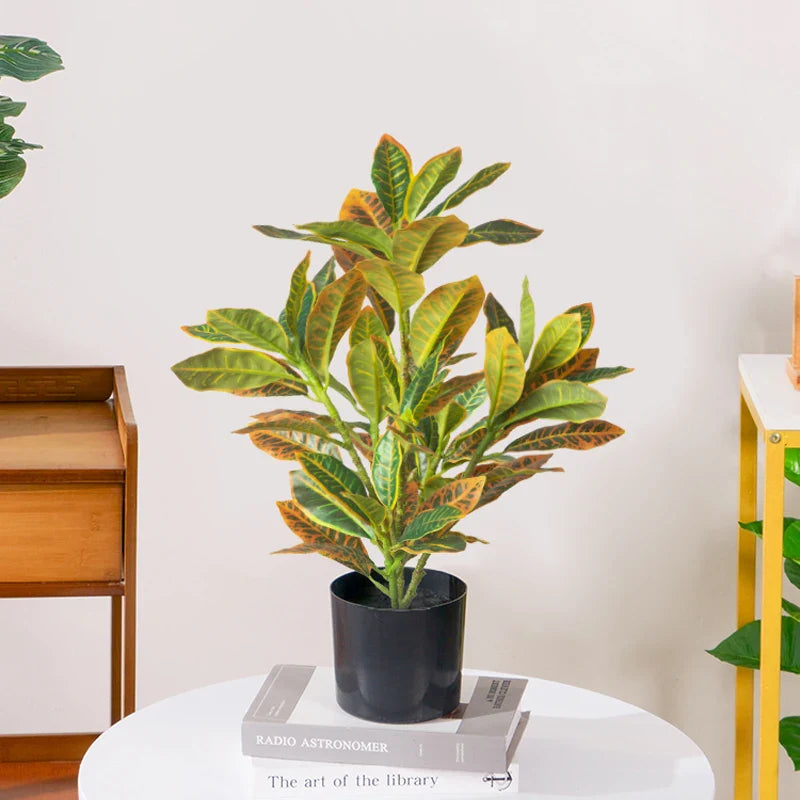 24–41cm Artificial Ficus & Banyan Tree Branch – Tropical Fake Codiaeum Leaf Plant for Home, Garden & Indoor Decor