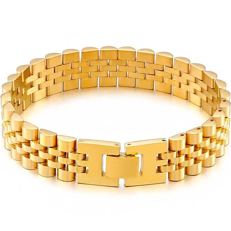 15mm Wide Gold Stainless Steel Watch Chain Bracelet – Luxury Waterproof Men’s Wristband Jewelry for Men & Boys Wholesale Style