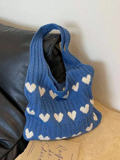 Heart Pattern Color-Block Crochet Handbag – Large Capacity Shoulder Beach & Commute Tote Bag, Fashion Versatile Daily Carry Bag