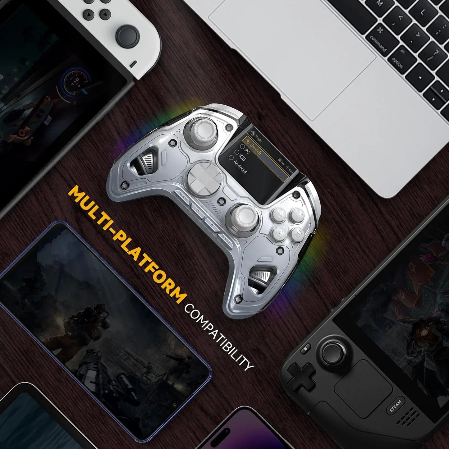 Interactive Wireless Gaming Controller with RGB Light & Hall Effect Stick – Switch/PC/iOS/Android, 1800mAh with Charging Dock