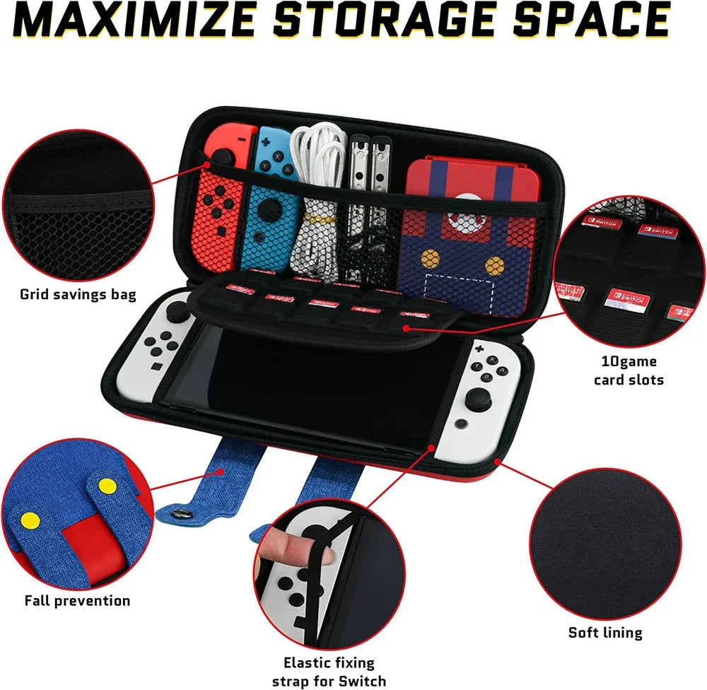 EVA Storage Case for Nintendo Switch/OLED, Portable Carrying Case with 10 Game Holders, Cute Mario Design