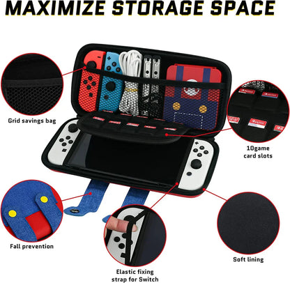 EVA Storage Case for Nintendo Switch/OLED, Portable Carrying Case with 10 Game Holders, Cute Mario Design