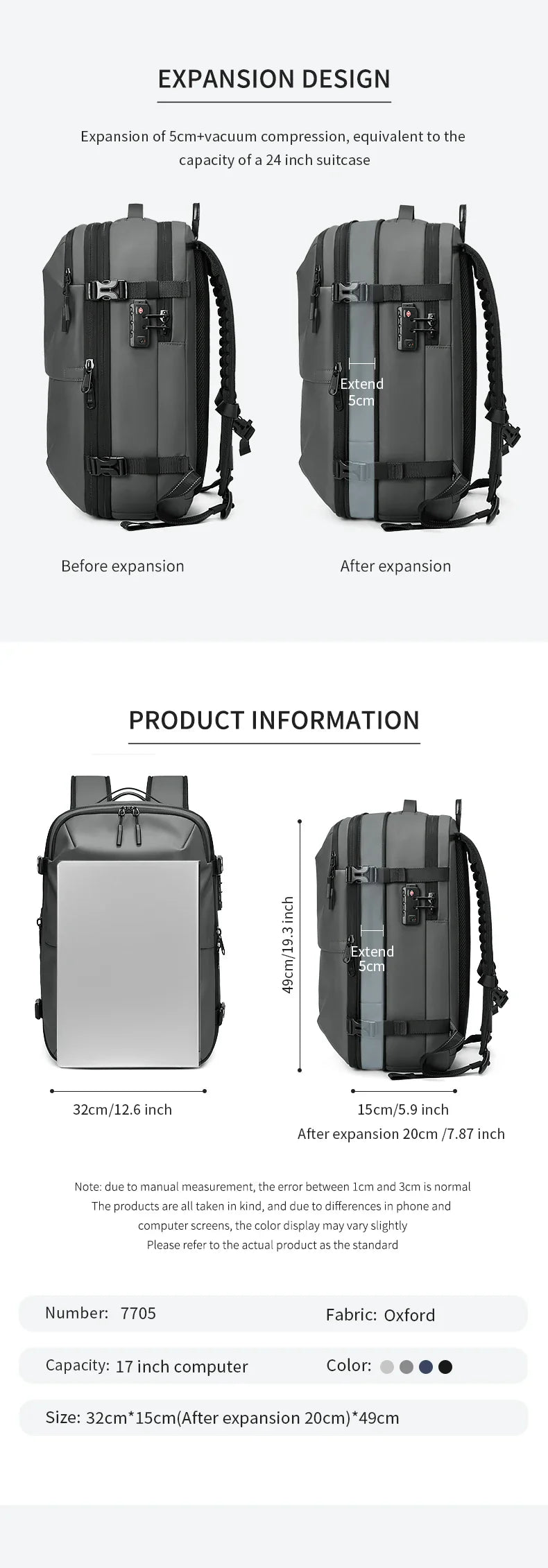 Men's Travel Backpack – Vacuum Compression, 17-Inch Laptop Backpack, Large Capacity Business & School Backpack, Expanded Hiking Bag