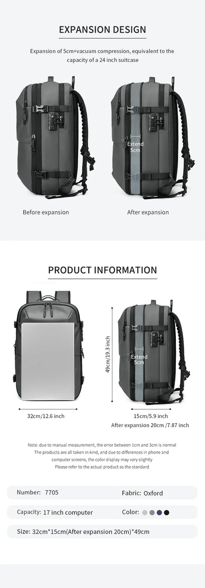 Men's Travel Backpack – Vacuum Compression, 17-Inch Laptop Backpack, Large Capacity Business & School Backpack, Expanded Hiking Bag