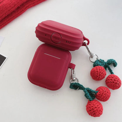 Knitted Red Cherry Pendant Soft Silicone Earphone Case for AirPods Pro 2 & AirPods 1/2/3/4 — Protective Cover with Keychain