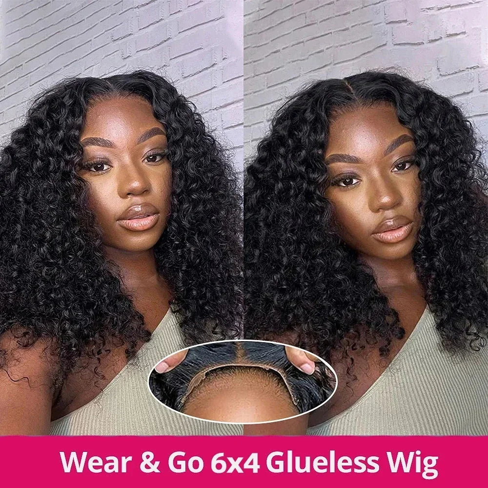 Wear and Go Water Wave Bob Lace Wig – Curly 6x4 Glueless Human Hair, 4x4 Ready-to-Go Pre-Cut Lace Wig for Women